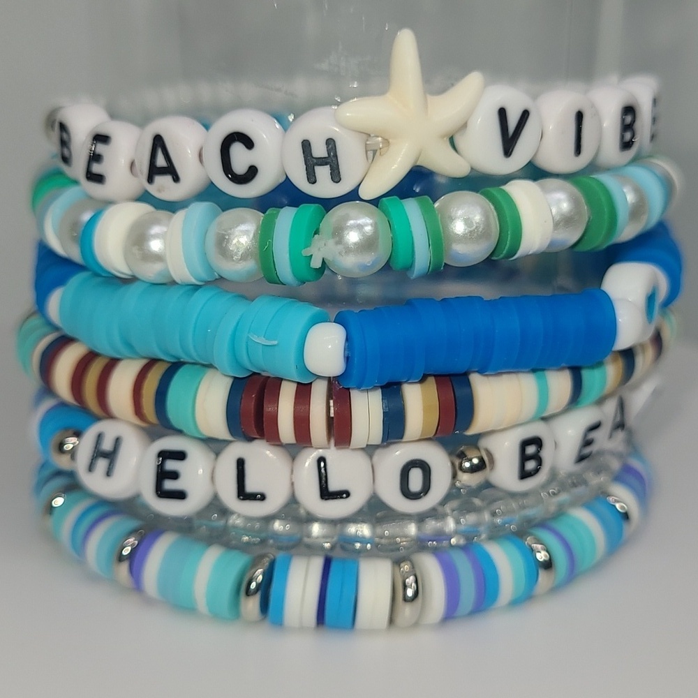 8 Beach Vibes Beaded Bracelets Set Stackable Boho Charm Stack Blue Lagoon Heishi